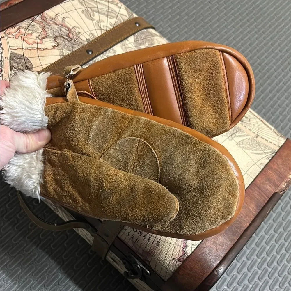100% genuine leather Brown and Tan Mittens with Faux Fur Trim